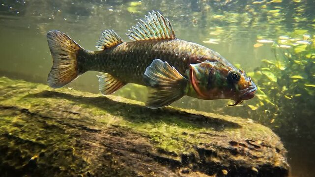 Fish swimming upstream in clear river