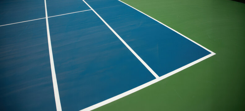 Blue and green tennis court surface with clear white boundary lines and textured hard court material