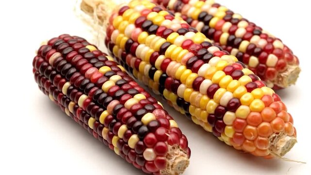 Close-up of colorful corn cobs with varied kernel colors on a white background