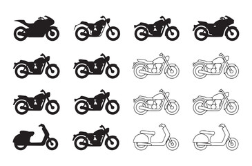 Motorcycle outlines and silhouettes set, various motorbike types black and line art vector collection