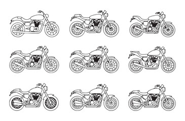 Nine black and white line art illustrations of classic motorcycles in profile view on white background