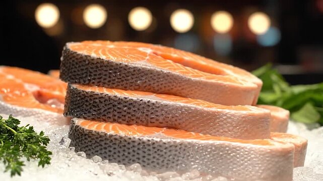 Close-up of fresh salmon steaks arranged on ice with bokeh background. Green herbs accent