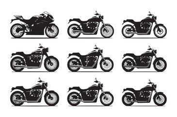 Motorcycle silhouette set showcasing various cruiser models and sport bike styles for graphic design