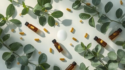 Natural wellness products flat lay: essential oils, botanical extracts, and health supplements arranged with green leaves. Ideal for holistic medicine, skincare, and organic beauty themes.