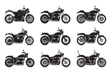 Detailed motorcycle silhouettes collection featuring classic cruiser and sport bikes for graphics