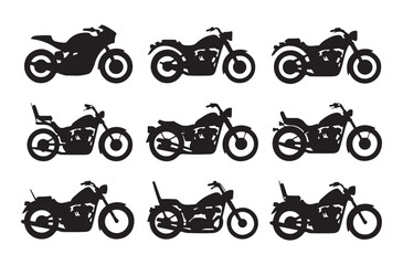 Chopper and cruiser motorcycle silhouette set with high handlebars and elongated frames for biker