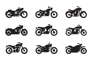 Set of nine motorcycle silhouettes, black and white vector illustration on white background