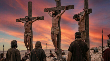 Three men crucified on wooden crosses during sunset in desert landscape. Classic biblical scene, Jesus crucifixion between two thieves on Golgotha 
