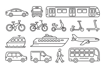 Transportation set of linear icons featuring various vehicles for urban commuting and travel design