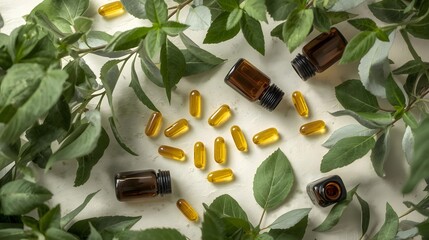 Natural health capsules, herbal supplements, and essential oil bottles on white background with green leaves. Promoting organic wellness and a healthy lifestyle through holistic medicine.