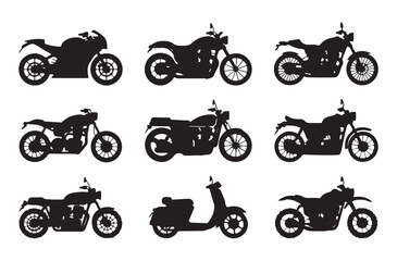 Motorcycle silhouettes set featuring different bike styles including sport classic and scooter icons