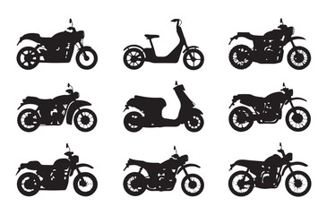 Obraz premium Diverse motorbike silhouette collection with various models of street bikes and electric scooters