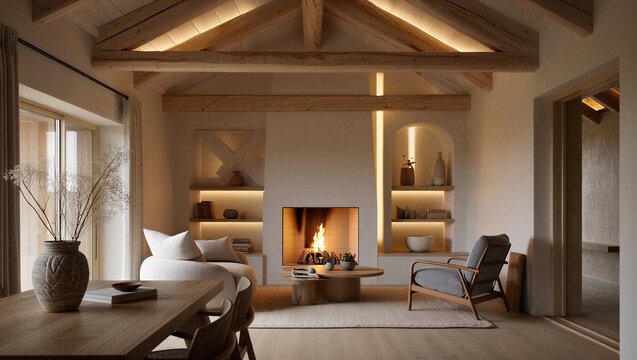 Cozy living room with fireplace and modern furniture interior design