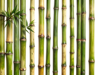 Green bamboo stalks arranged vertically, with leaves on the left side, against a white backdrop