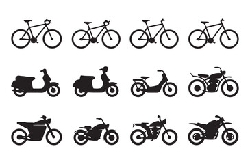 Black silhouette collection of bicycles and motorcycles, various motorbikes and bikes vector set