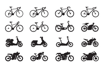 Set of bicycles, scooters, and motorcycles, various bikes and motorbikes black silhouette collection