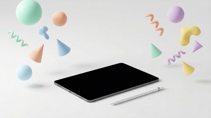 A black digital tablet computer rests horizontally next to a stylus pen surrounded by various floating, soft-hued geometric shapes and confetti streamers.