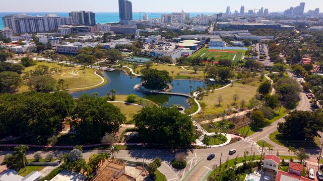 Aerial stock video Bayshore Park Miami Beach 2026 4k