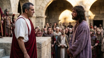 Fototapeta premium Jesus standing before Pontius Pilate, Pontius Pilate interrogating Jesus. Man in toga speaking to man in robe during historical scene with crowd 