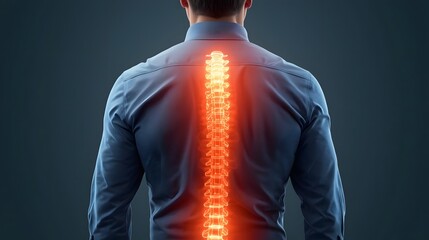 Man suffering from severe back pain, highlighted spine showing discomfort and inflammation. Medical concept illustrating spinal injury, health problem, and human anatomy issues.