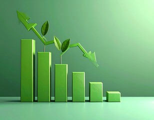 Green bars show growth then decline, topped with green arrow; small plants sprout from bars