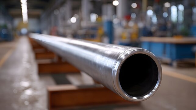 Long polished metal pipe resting on supports inside a manufacturing factory with blurred industrial background