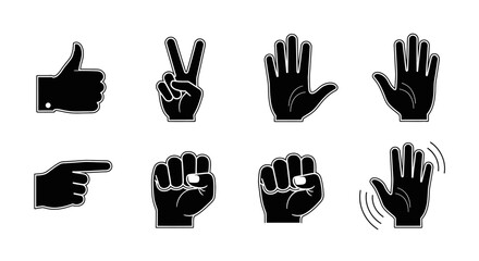 Fototapeta premium Set of black silhouette hand gestures, including thumbs up, peace, pointing, and fist, on a white background