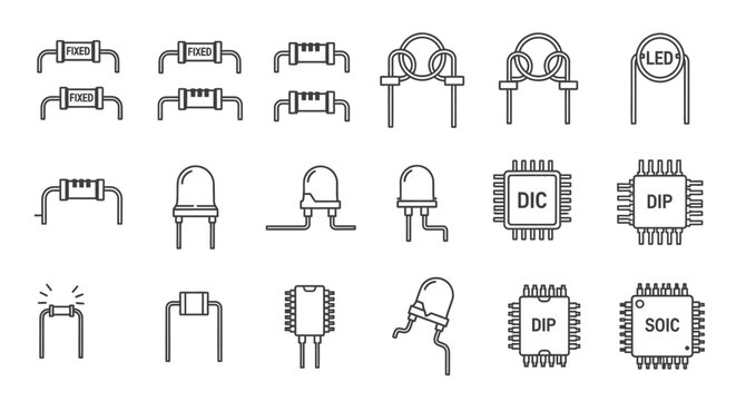 Set of electronic components black line icons on isolated white background