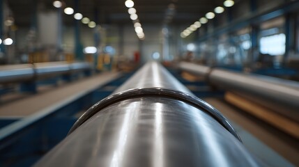 A long metallic pipeline stretches through a brightly lit industrial factory setting emphasizing its polished surface and the vastness of the