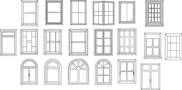Architectural window designs collection, decorative frames illustration, rectangular and arched styles, creative pane layouts, construction and interior design inspiration