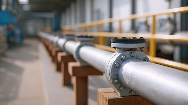A long industrial metal pipeline with visible valves and supports stretching into the distance