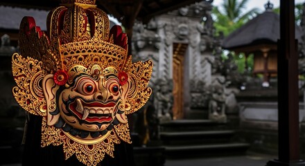 Obraz premium Ornate Mask Displayed at Traditional Temple Entrance with Intricate Carvings and Cultural Significance