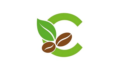 Green 'C' with leaves & coffee beans. Bright, clean, and organic. Isolated on a white background