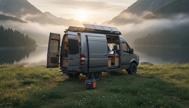 Adventure Camper Van with Solar Panels Parked Lakeside in Misty Mountain Sunrise