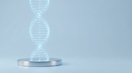 A translucent cyan genetic spiral structure rises vertically from a silver circular base, centered against a pale blue gradient backdrop for creative use.