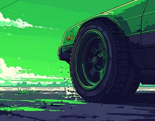 Green car pixel art with focus on the tire and wheel well against a bright green sky and blurred horizon