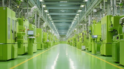 Green Machine Precision: An expansive perspective of a modern factory, showcasing an array of cutting-edge machines in perfect alignment.