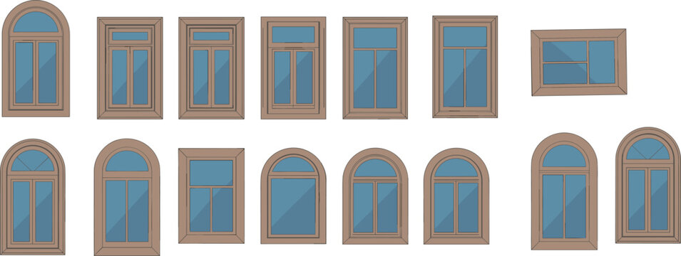 Architectural window designs collection, decorative frames illustration, rectangular and arched styles, creative pane layouts, interior and construction inspiration set