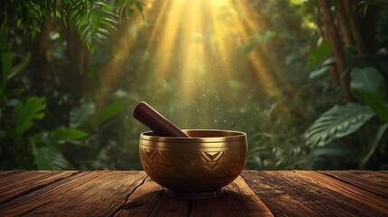 Golden singing bowl with mallet on rustic wood table, bathed in magical jungle sunlight. Perfect for mindfulness, yoga, meditation, spiritual healing, wellness, and zen concepts.