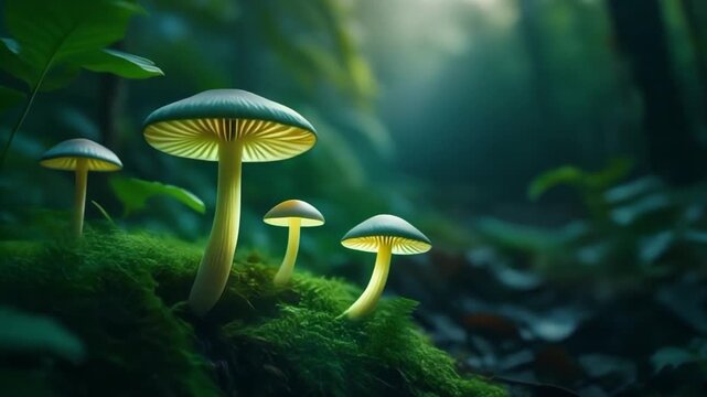 toadstool wild nature ai Magical Glowing Mushrooms in a Dark Enchanted Forest with Soft Green Light and Mossy Ground