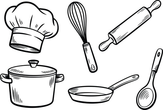 Kitchen cooking utensils vector set with chef hat, pot, pan, whisk and rolling pin illustration