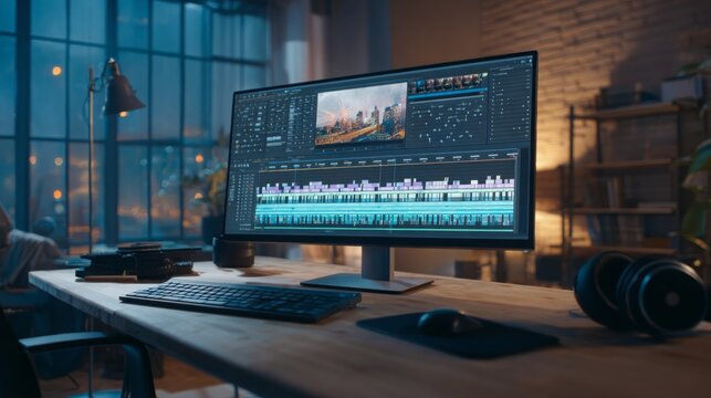 Computer workstation with editing software displayed on large monitor