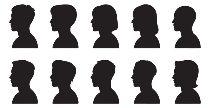 Diverse profile silhouettes of people faces in side view for social media avatars and identification