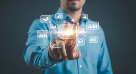 Businessman interacting with futuristic data analysis interface