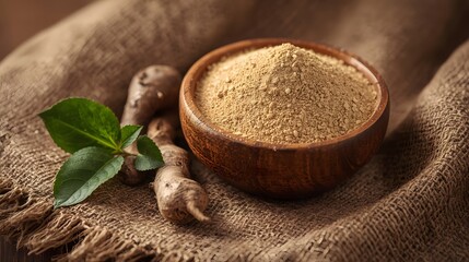 Fresh ginger powder in a rustic wooden bowl, with whole ginger roots and green leaves on a natural burlap cloth. Perfect for healthy cooking, natural remedies, and herbal designs.