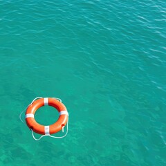 A vibrant red and white lifebuoy gently floats on the surface of crystal clear turquoise water, reflecting the bright heat of a perfect summer day at the ocean ,security ,sport ,rescue