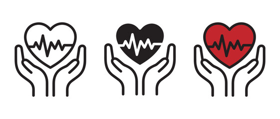 Obraz premium Hands Holding and Protecting a Heart with EKG Line Icon Set. for Health and Medical Care Concept.