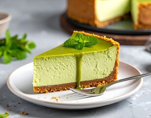 Green cheesecake slice with a mint garnish, on a white plate and textured gray background