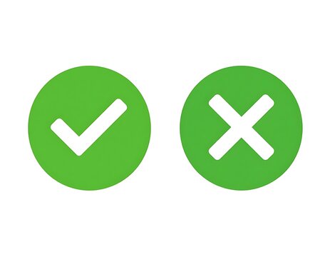 Green circle icons checkmark and 'x' for yes/no choices, on a clean white background in flat design style