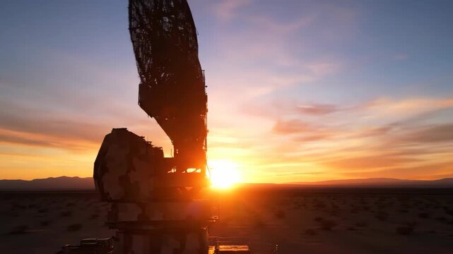 Large Satellite Dish Antenna in Desert Landscape at Sunset.